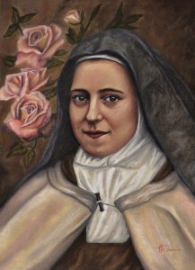 A realistic pastel portrait of St. Therese of Lisieux, surrounded by roses.