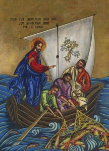 An icon of Jesus in the boat with Peter, James and John, as He commissions them to be fishers of men.