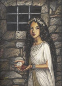 St. Philomena in her prison cell, holding two roses: a white rose for virginity, and a red rose for martyrdom.