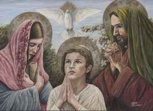 The Holy Family - Jesus, Mary, and Joseph - praying together to God our Father.
