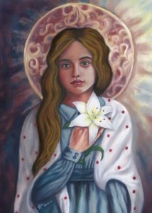 The young St. Maria Goretti holding a lily.