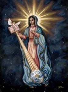 A madonna for the dawn of the third millennium. Our Lady, fashioned after Our Lady of Guadalupe, is depicted as a bright star, illuminating the night sky with the grace and light of the Holy Spirit.