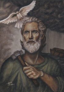 Tinted charcoal portrait of Noah of the Old Testament, holding a hammer, with a dove (the Holy Spirit) above.